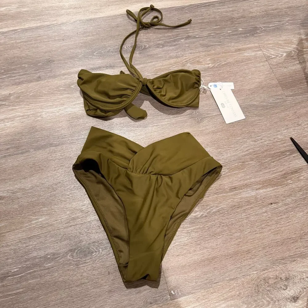 Caroline Constas Olive Green Two Piece Halter Bikini New Size Small